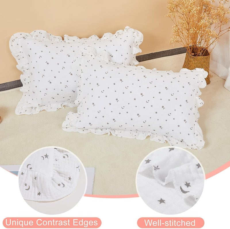 Basumee Toddler Pillowcase 13x18 inch 2 Pack Muslin Pillow Covers for Boys and Girls Soft Breathable Ruffle Edge Pillow Case with Envelope Closure Travel and Nursery Bedding Decor, White Stars - Image 4